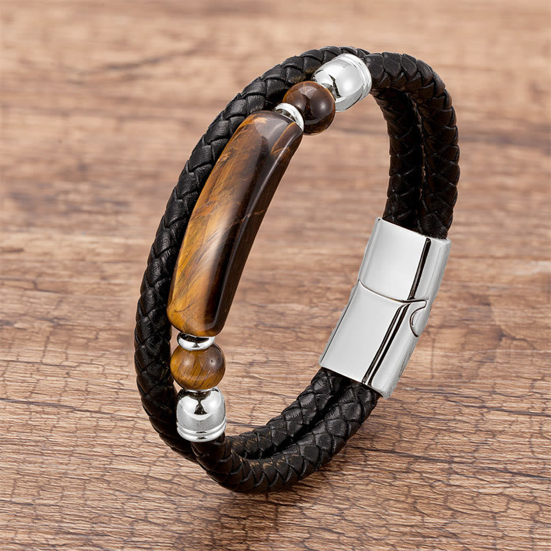 Gold Tiger Eye Leather Bracelet with Magnetic Buckle for Luck & Protection