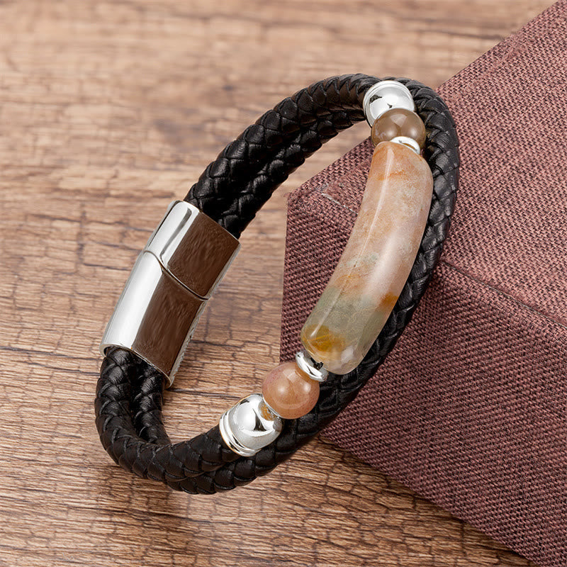 Gold Tiger Eye Leather Bracelet with Magnetic Buckle for Luck & Protection