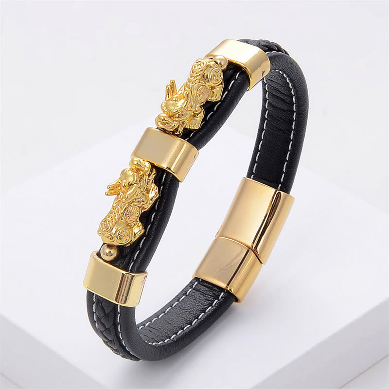 Gold PiXiu Leather Bracelet 18-20cm Magnetic Buckle for Wealth