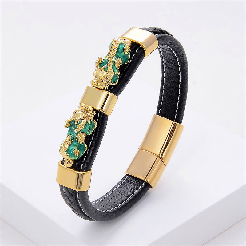 Gold PiXiu Leather Bracelet 18-20cm Magnetic Buckle for Wealth