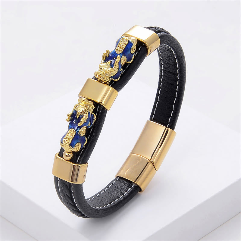 Gold PiXiu Leather Bracelet 18-20cm Magnetic Buckle for Wealth