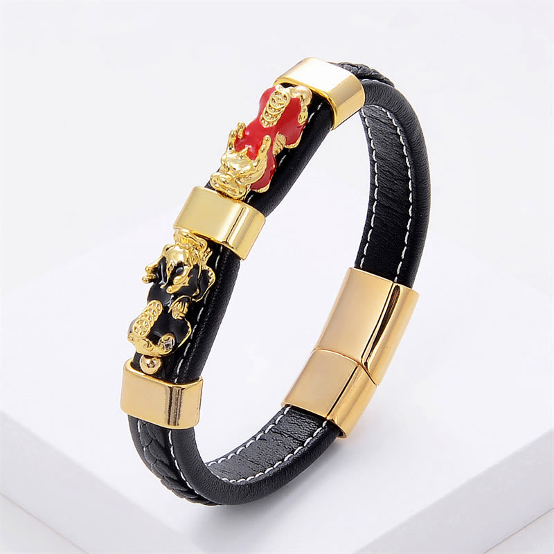 Gold PiXiu Leather Bracelet 18-20cm Magnetic Buckle for Wealth