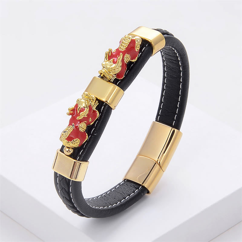 Gold PiXiu Leather Bracelet 18-20cm Magnetic Buckle for Wealth