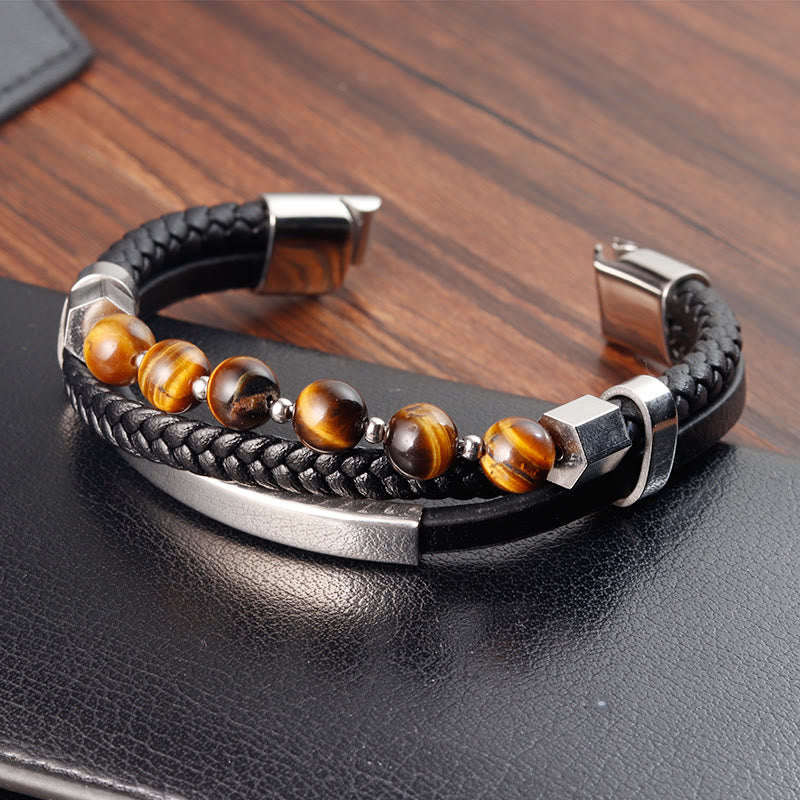 Tiger Eye Multi-Layered Leather Bracelet for Grounding & Power