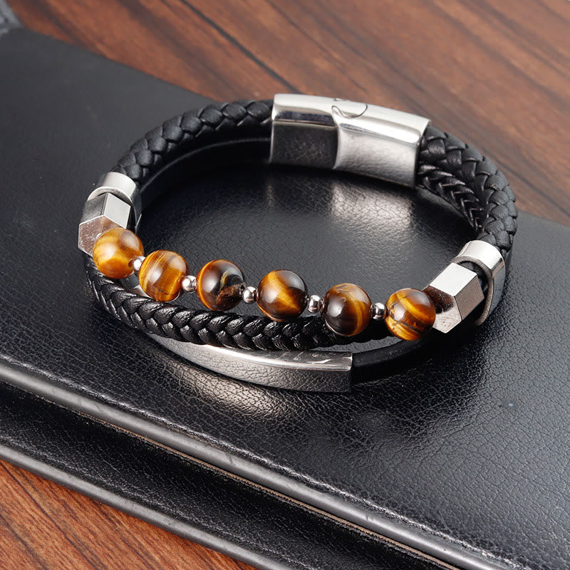 Tiger Eye Multi-Layered Leather Bracelet for Grounding & Power