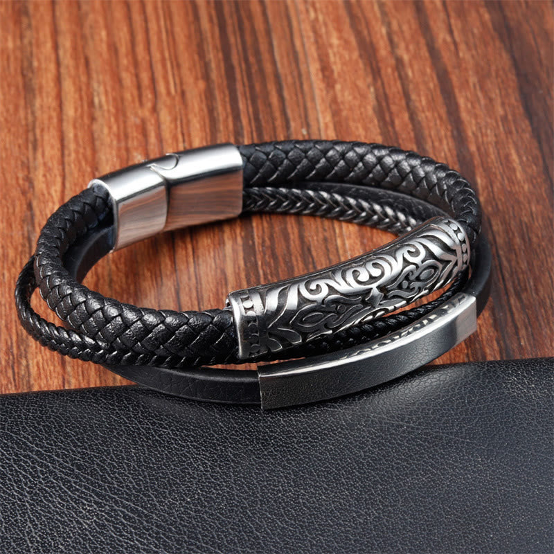 Double Layer Titanium Steel Leather Bracelet with Flower Pattern | Strength and Balance