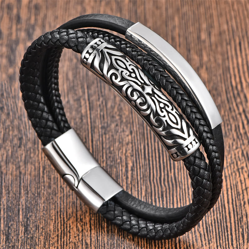 Double Layer Titanium Steel Leather Bracelet with Flower Pattern | Strength and Balance