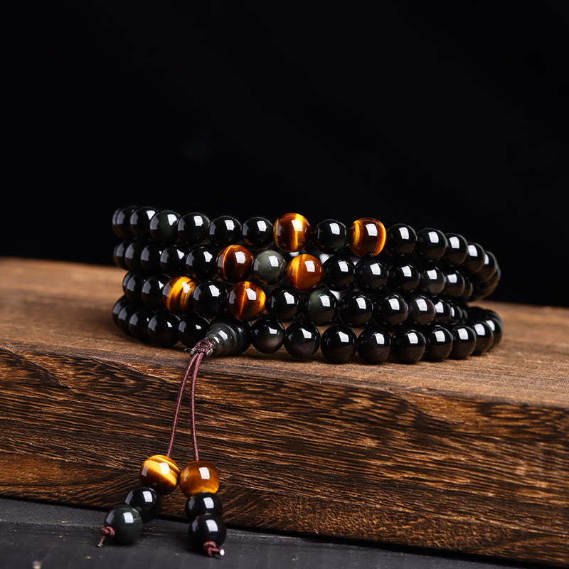 6mm Black Obsidian Tiger Eye 108 Bead Mala Bracelet