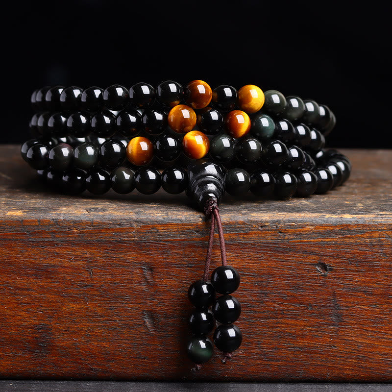 6mm Black Obsidian Tiger Eye 108 Bead Mala Bracelet