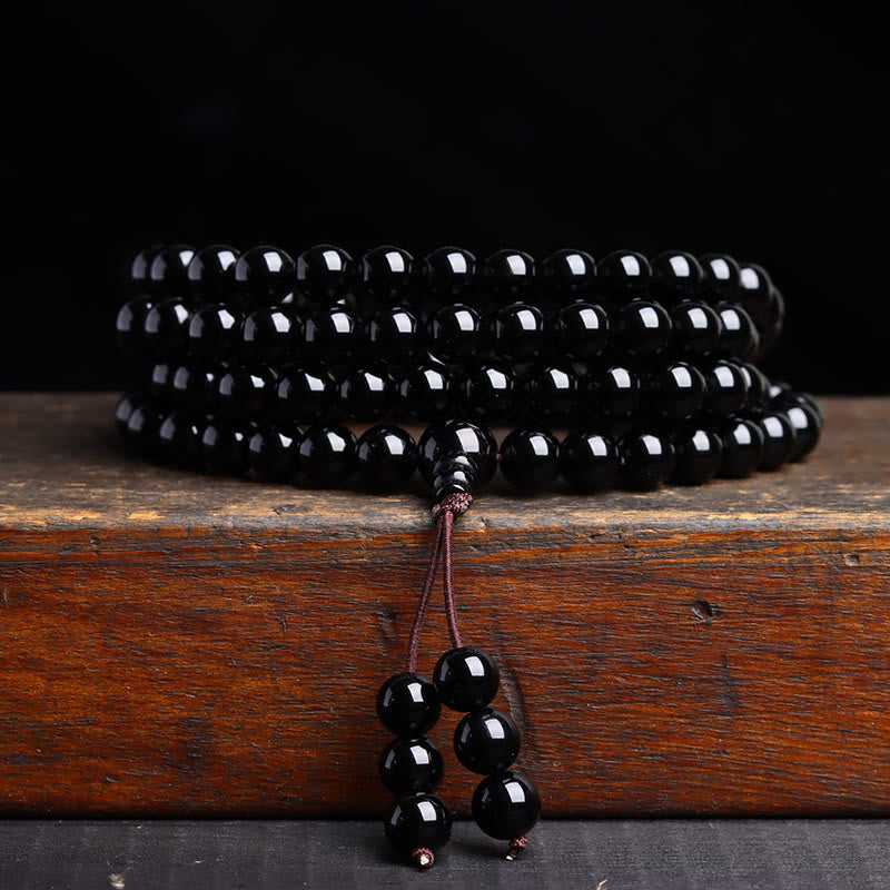 6mm Black Obsidian Tiger Eye 108 Bead Mala Bracelet