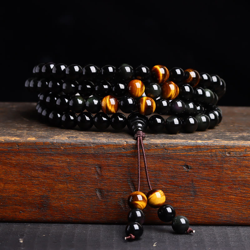 6mm Black Obsidian Tiger Eye 108 Bead Mala Bracelet