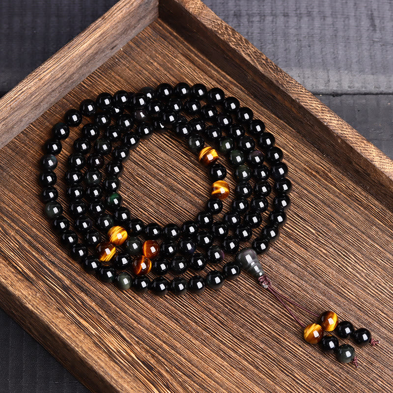 6mm Black Obsidian Tiger Eye 108 Bead Mala Bracelet