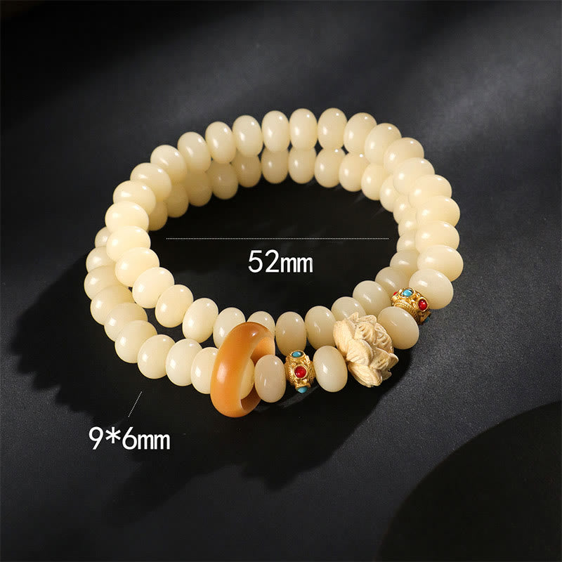 Bodhi Seed Peach Wood Lotus Wealth Double Wrap Bracelet