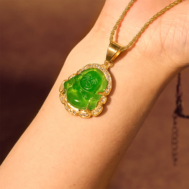Gold Filled Laughing Buddha Jade Necklace Pendant for Luck