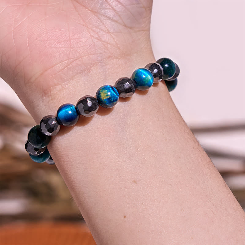 8mm Hematite Blue Tiger Eye Bracelet Set - Protection Design