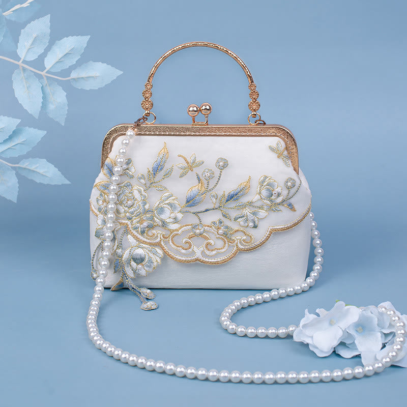 White Jasmine Embroidery Pearl Chain Bag | Spiritual Accessories
