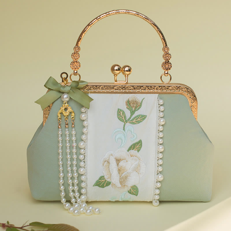 PaleGreen Floral Embroidery Crossbody Bag with Pearl Pendant