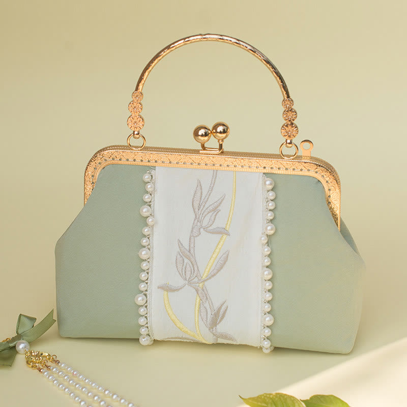 PaleGreen Floral Embroidery Crossbody Bag with Pearl Pendant