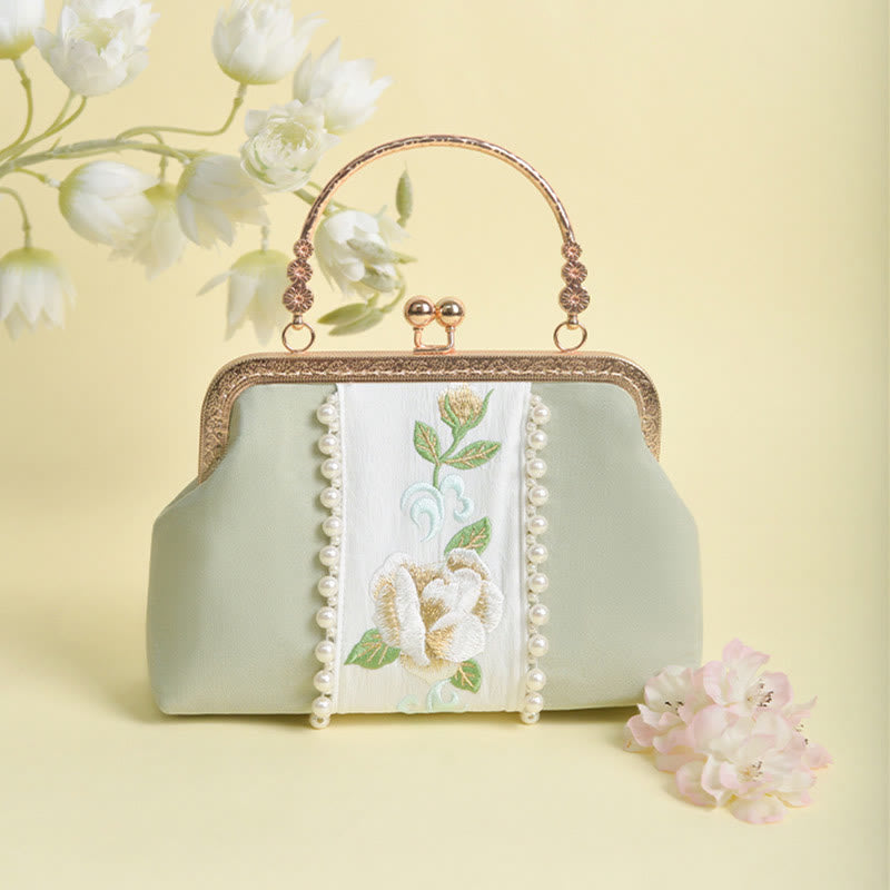 PaleGreen Floral Embroidery Crossbody Bag with Pearl Pendant