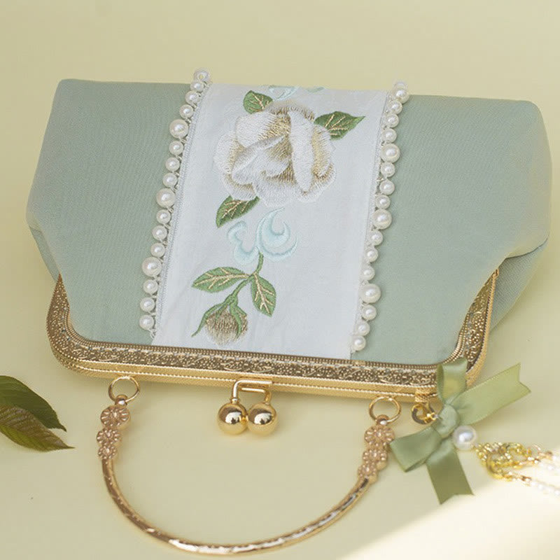 PaleGreen Floral Embroidery Crossbody Bag with Pearl Pendant