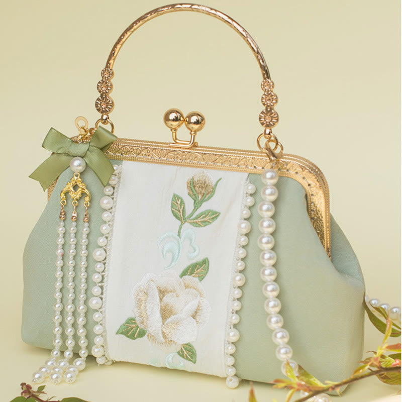 PaleGreen Floral Embroidery Crossbody Bag with Pearl Pendant