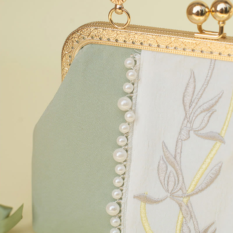 PaleGreen Floral Embroidery Crossbody Bag with Pearl Pendant