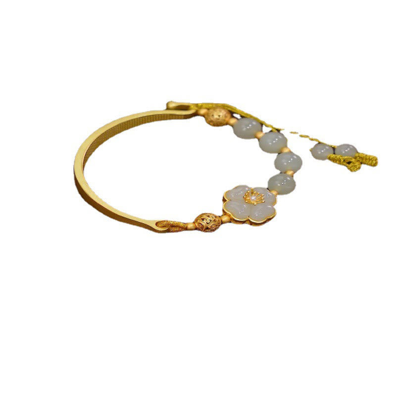 Hetian Jade 925 Sterling Silver Lucky Flower Cuff Bracelet