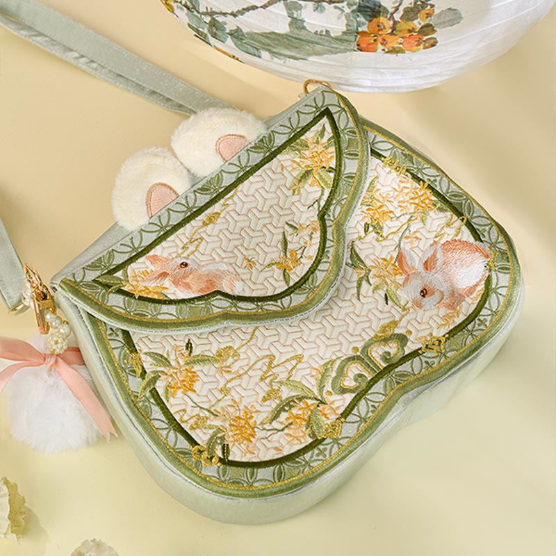 Osmanthus Rabbit Embroidery Crossbody Bag with Pearl Chain
