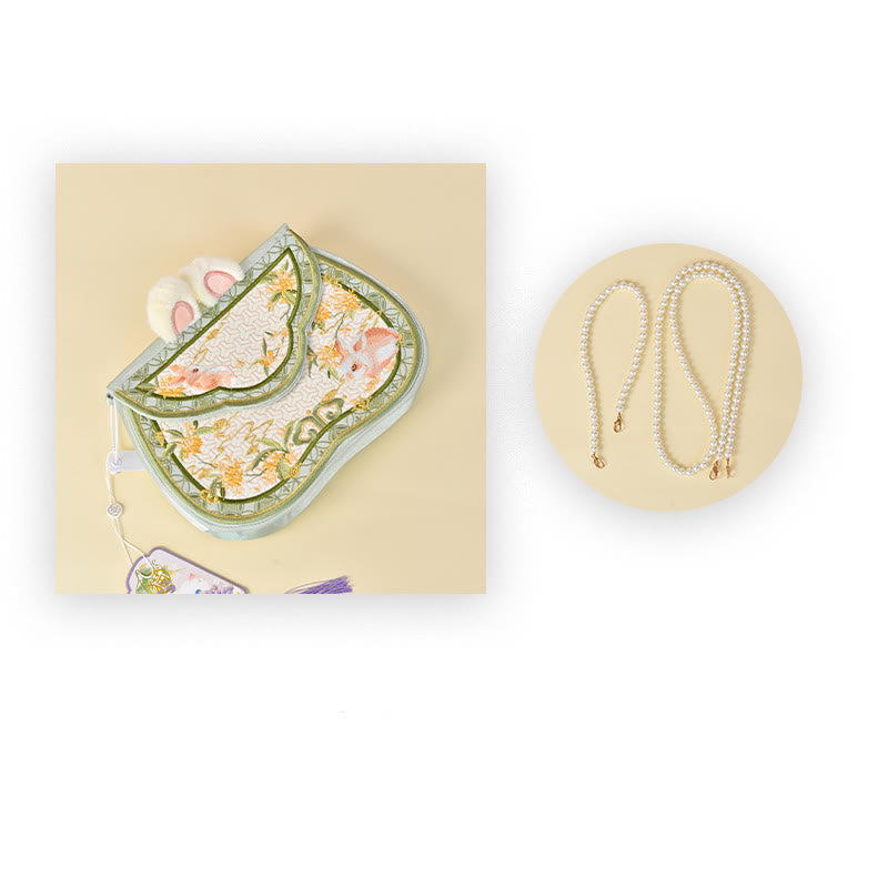 Osmanthus Rabbit Embroidery Crossbody Bag with Pearl Chain