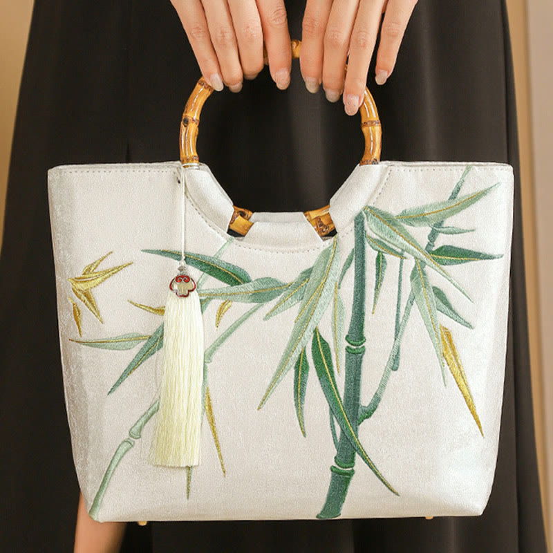 White Bamboo Embroidery Yoga Bag with Tassel Handle