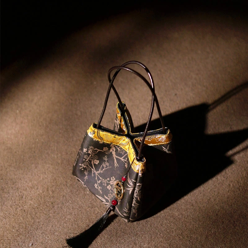 Embroidered Xiangyunsha Silk Shoulder Bag with Bamboo & Plum Flowers