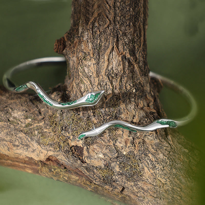 Sterling Silver Green Snake Calm Cuff Bracelet