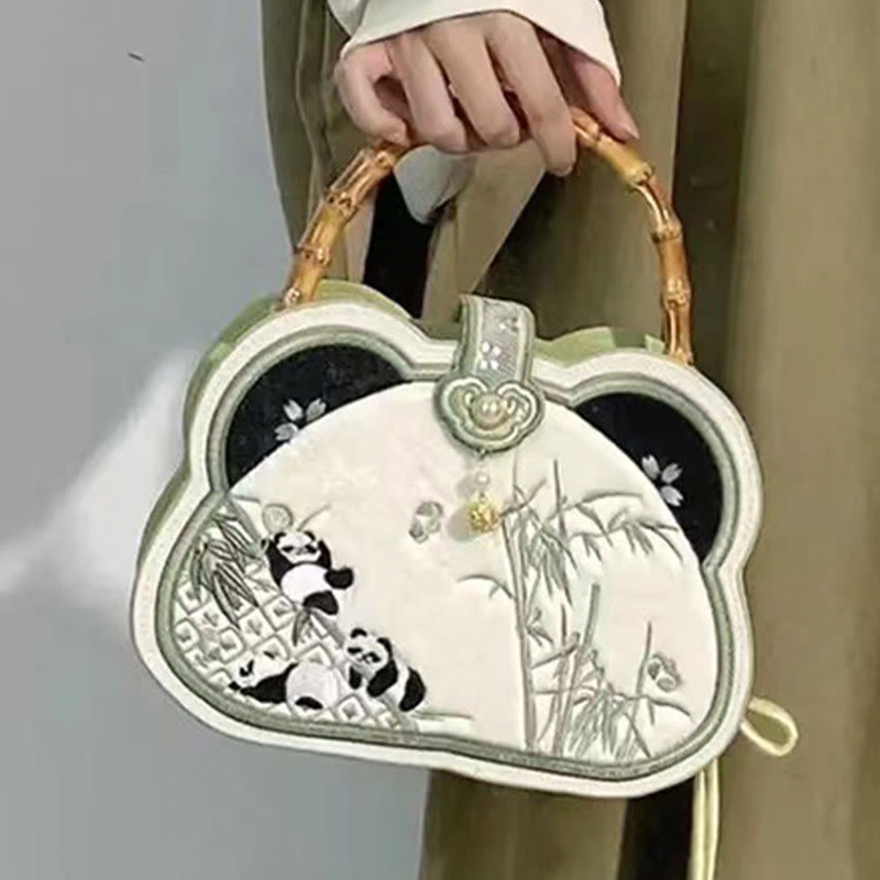 Panda Bamboo Embroidery Pearl Chain Crossbody Bag 19.5cm
