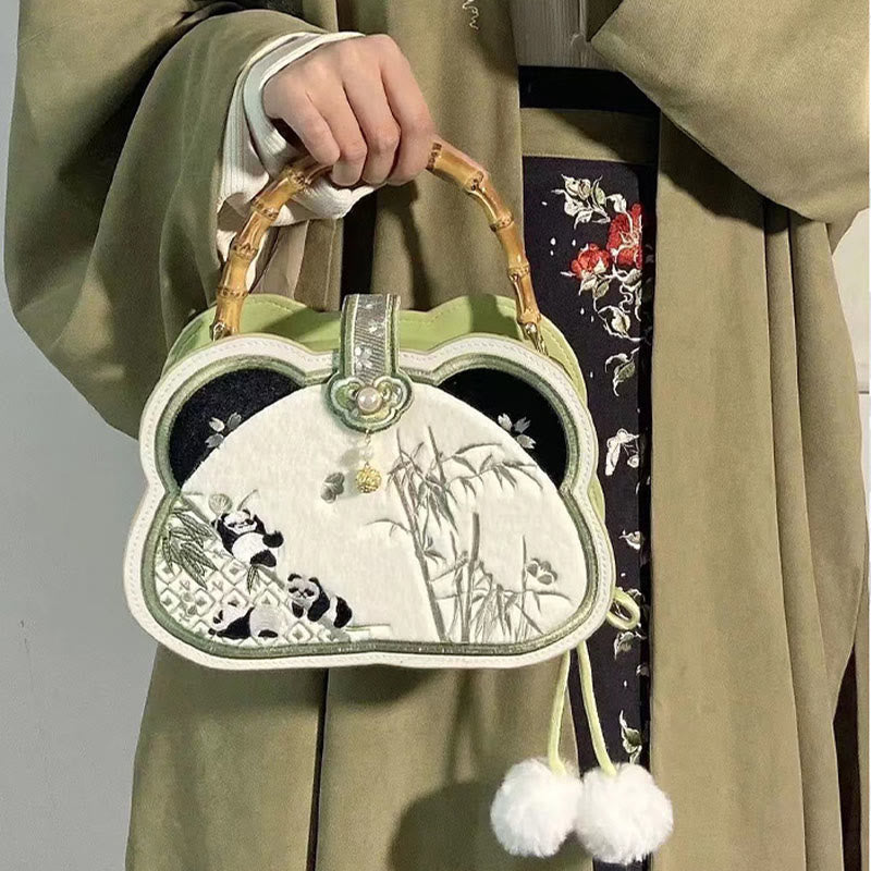 Panda Bamboo Embroidery Pearl Chain Crossbody Bag 19.5cm