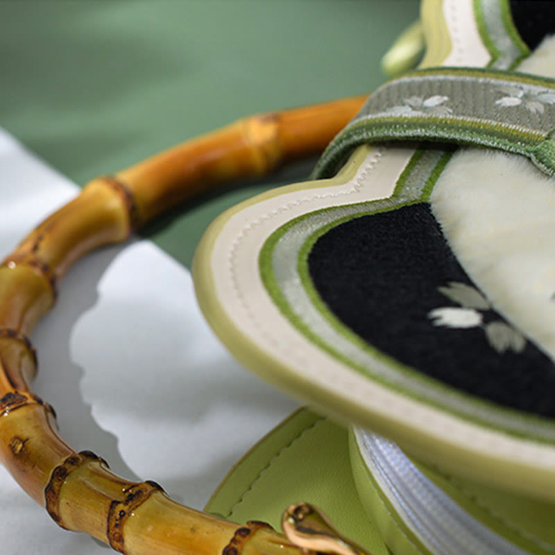 Panda Bamboo Embroidery Pearl Chain Crossbody Bag 19.5cm