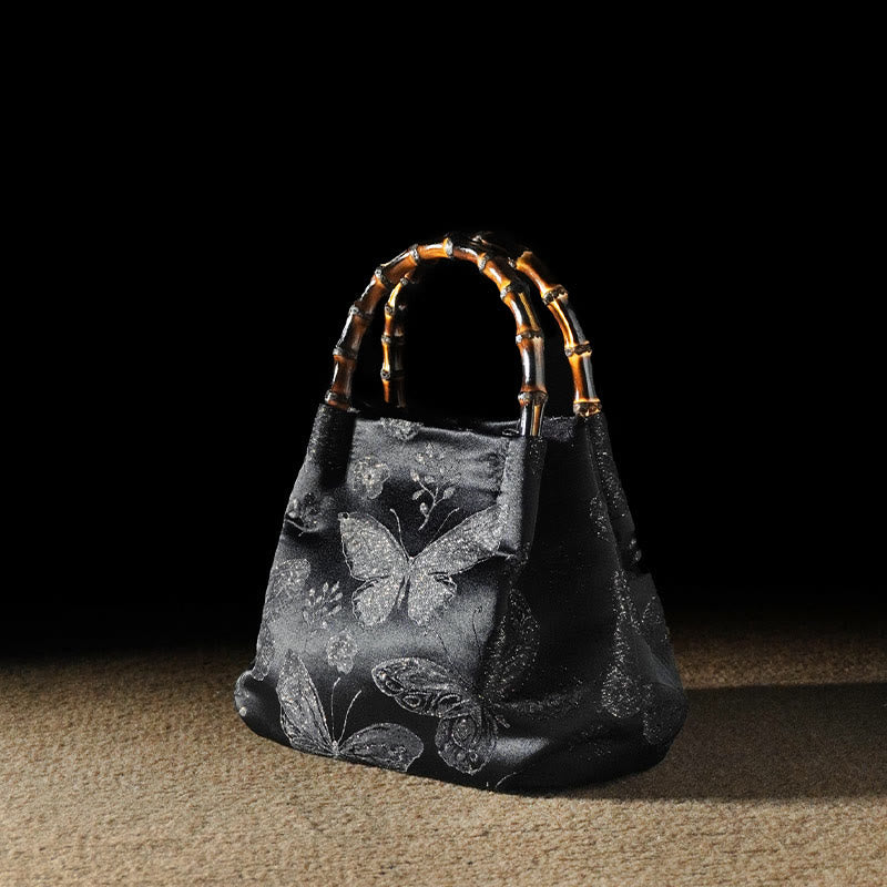 Jacquard Butterfly Flowers Bag with Bamboo Handle | Spiritual Accessory