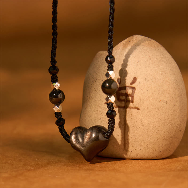 Silver Sheen Obsidian Heart Protection Necklace for Women