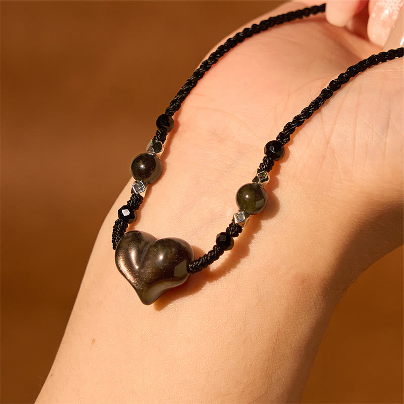 Silver Sheen Obsidian Heart Protection Necklace for Women