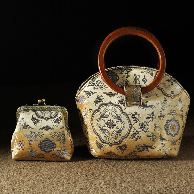 Crane Deer Wood Handle Spiritual Handbag 19cm for Harmony