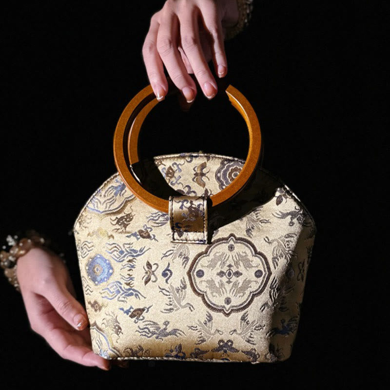 Crane Deer Wood Handle Spiritual Handbag 19cm for Harmony