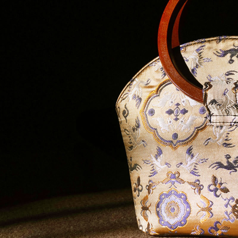 Crane Deer Wood Handle Spiritual Handbag 19cm for Harmony