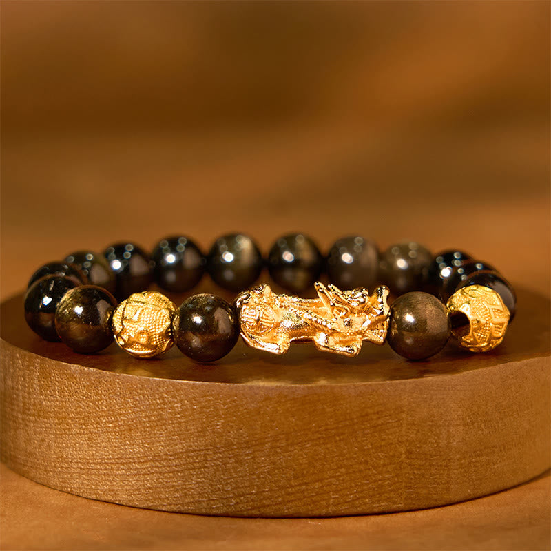 10mm Gold Sheen Obsidian Pixiu Om Mani Padme Hum Wealth Bracelet