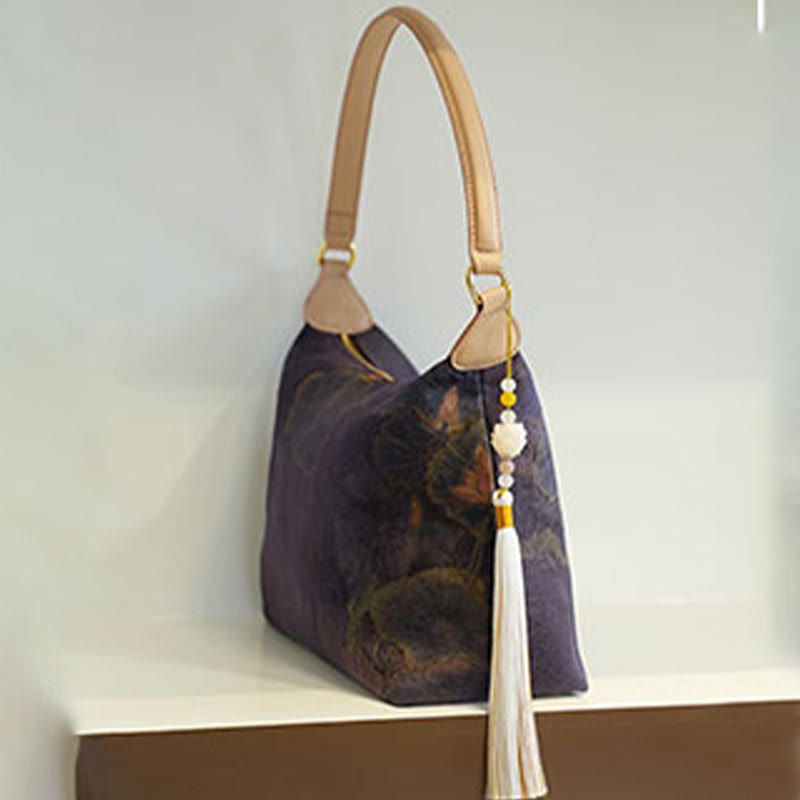 Lotus Bamboo Crane Deer Silk Crossbody Bag 26cm