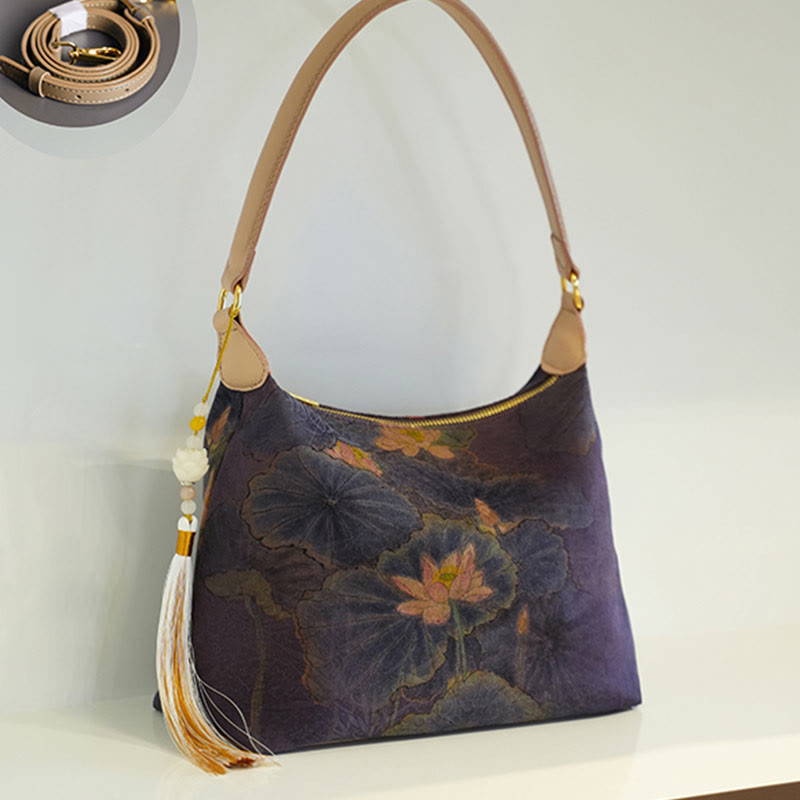 Lotus Bamboo Crane Deer Silk Crossbody Bag 26cm