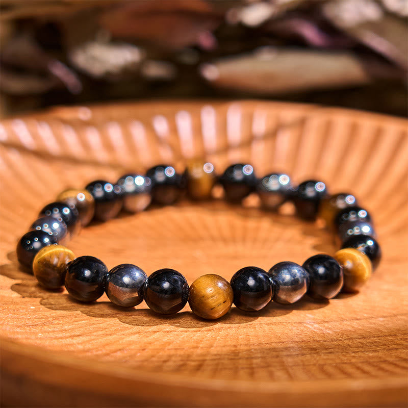 Men's 8mm Tiger Eye Obsidian Hematite Bracelet for Protection
