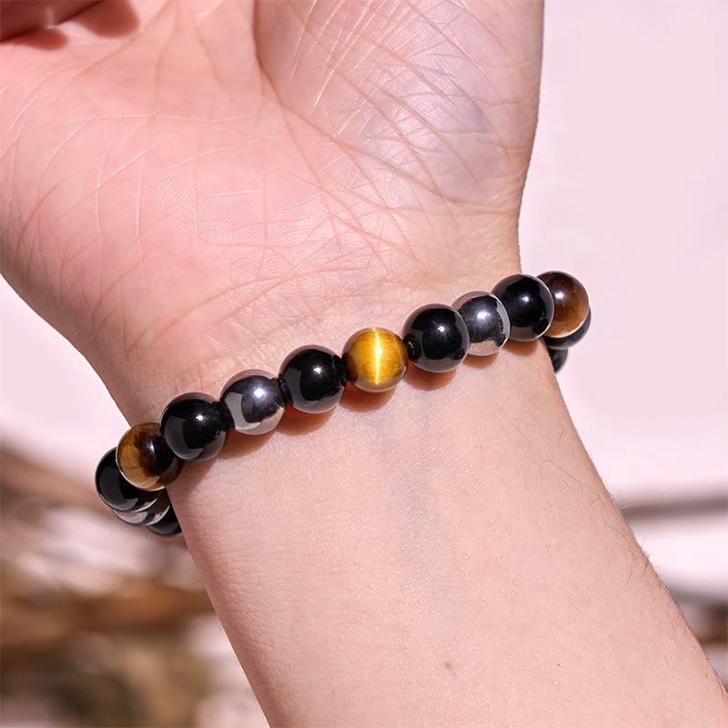 8mm Yellow Tiger Eye Obsidian Hematite Bracelet for Men