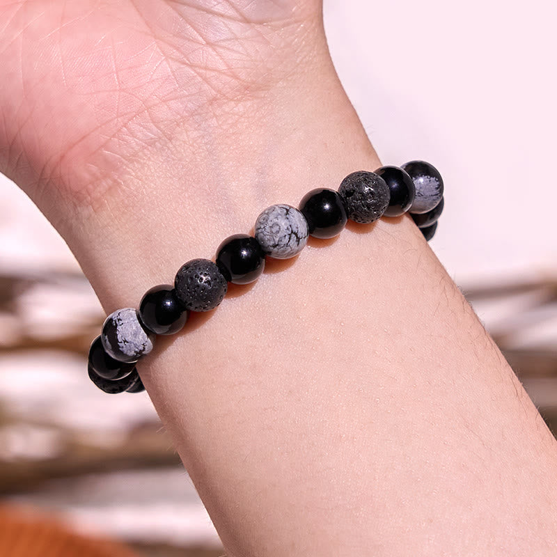 Black Obsidian Lava Rock Yin Yang Bracelet for Strength