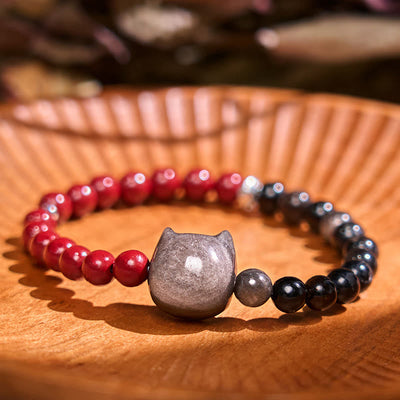 Black Obsidian Cinnabar Cat Fulfilment Bracelet - 14-16cm