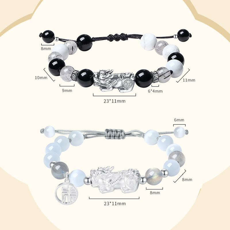 Unisex 999 Sterling Silver Black Obsidian Bracelet for Luck