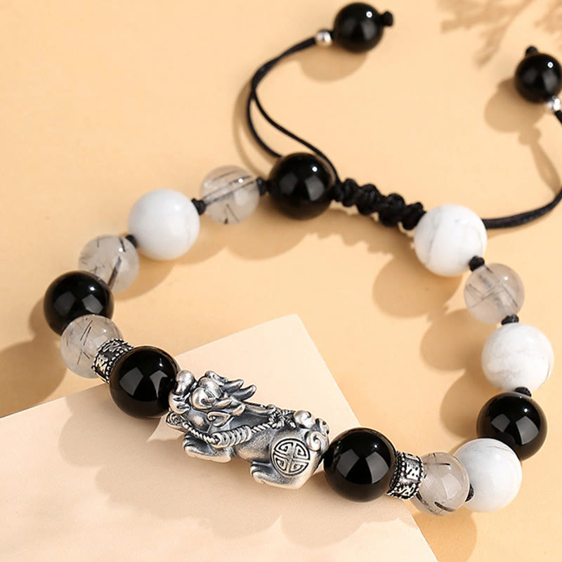 Unisex 999 Sterling Silver Black Obsidian Bracelet for Luck